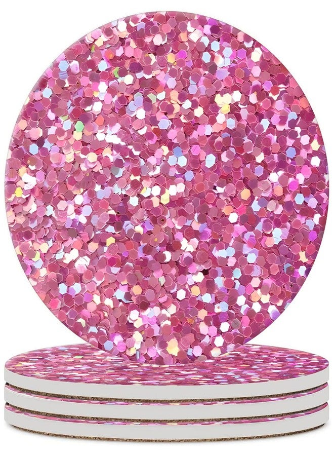 ZHIZHEND Pink Glitter Drink Absorbent Coaster,Cool Deisgn Ceramic Drink Coaster with Cork Base,Housewarming Gifts,Tabletop Protection Suitable for Kinds of Cups(Pack of 4) - Image 1